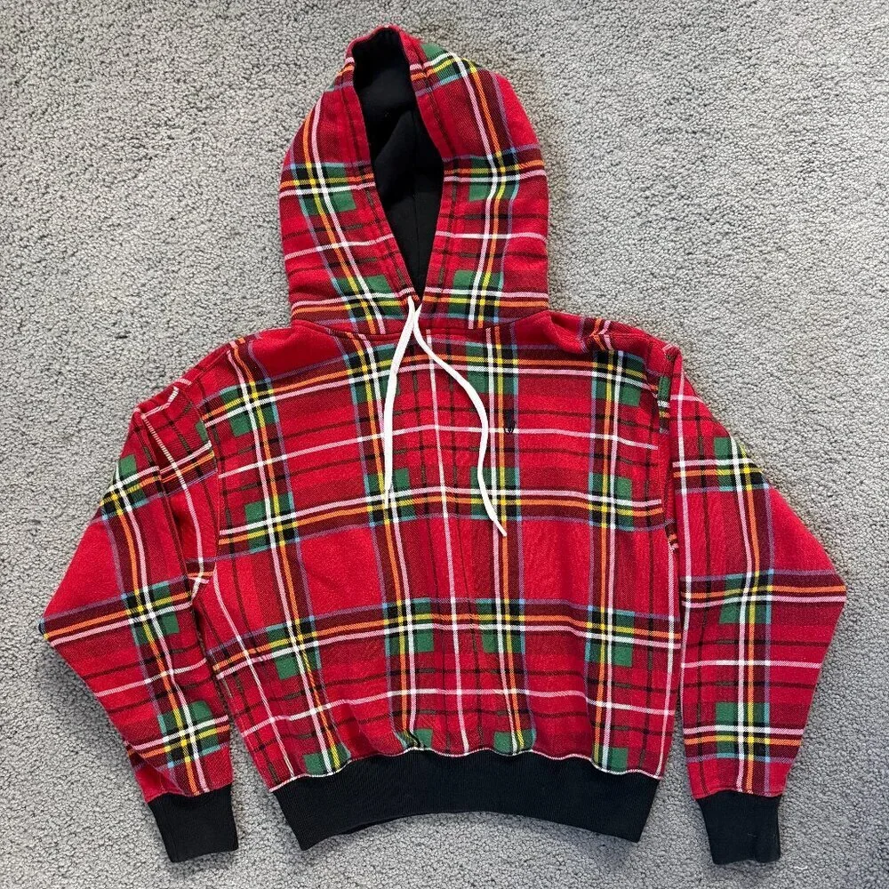 Polo Ralph Lauren Red Plaid Tartan Fleece Hoodie Pullover in Men's Sz. XS - EUC